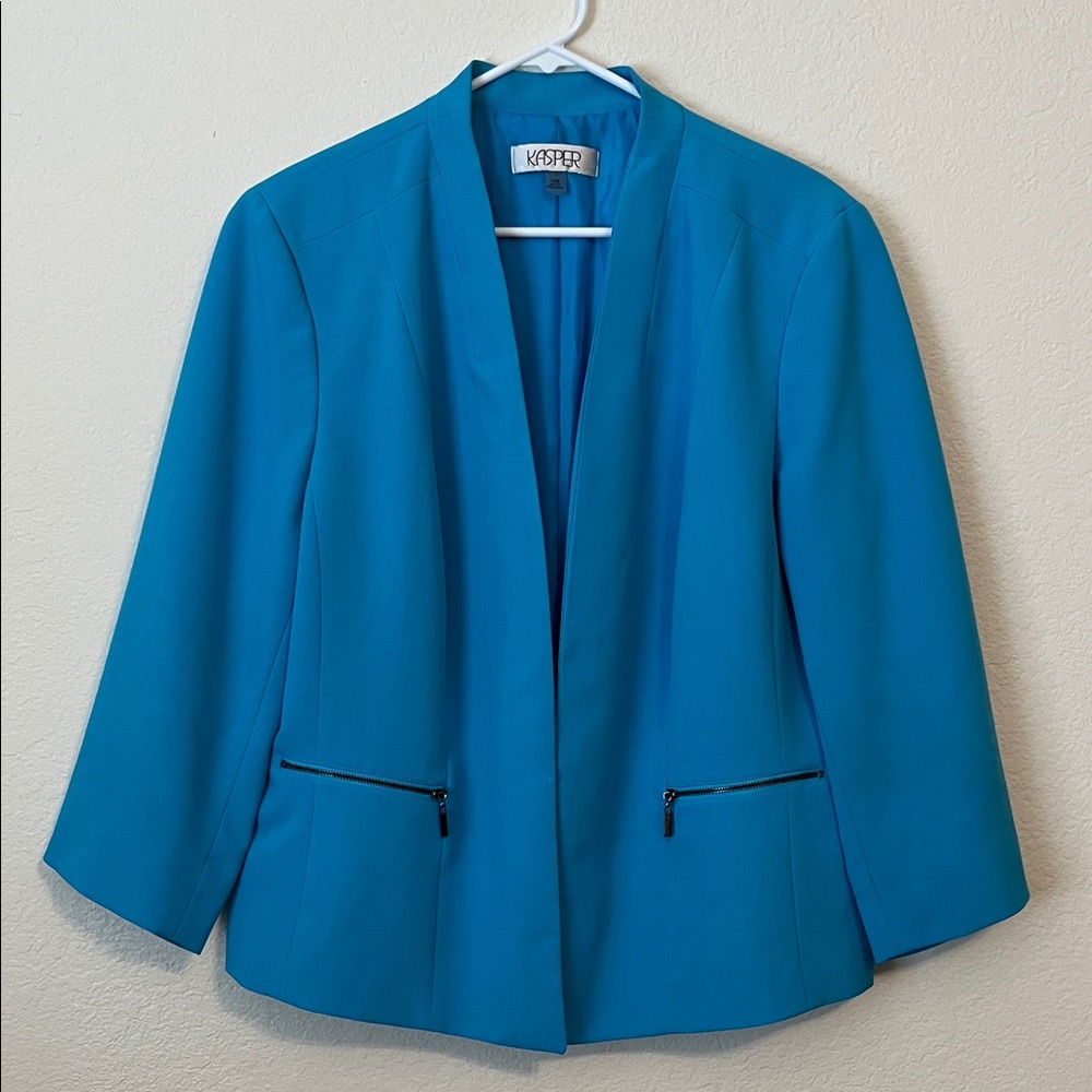 Kasper Women's Blazer V-Neckline Zipper Pockets  -Blue - Size 16W